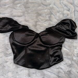 Princess Polly Black Satin Off-Shoulder Corset Crop Top